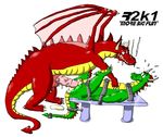  2001 anal balls bdsm bondage bound cum dragon duo erection green_body horn male male/male nervous penis rangarig rangarig_(character) red_body scalie sex size_difference smoke spread_legs spreading vain vein veiny_penis western_dragon wings 