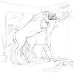  ambiguous_gender bestiality black_and_white breasts bucket centaur cum dotoro_(artist) duo_focus equine female feral feral_on_taur group horse human interspecies male mammal monochrome nude orgasm pitchfork sketch stable taur walk-in 