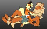  age_difference anthro arcanine black_fur boxer_briefs briefs clothing cream_fur cub duo eyes_closed fur grinding lying male multicolored_fur neck_tuft nintendo on_back on_top orange_fur pawpads paws pok&eacute;mon red_eyes rethex size_difference toybadgers tuft underwear video_games young 