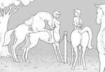  bdsm bestiality bondage bound centaur cum dotoro_(artist) equine eyes_closed female feral feral_on_taur greyscale group horse human male mammal monochrome penis pole post pussy rope saddle taur tree vaginal 