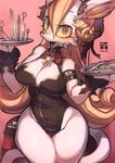  anthro armband big_breasts blonde_hair bottle breasts bustier canine cleavage clothed clothing english_text female hair jewelry kemono long_hair looking_at_viewer mammal pin ricosye scalpel scissors solo spikes standing text tray wide_hips yellow_eyes 