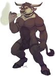  anthro balls bovine cattle cigar explicital glowing glowing_eyes hooves horn male mammal nude red_eyes sheath simple_background smoke smoking solo standing white_background 