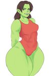  abs brown_hair female green_lips green_skin hair humanoid leotard lips looking_at_viewer muscular muscular_female not_furry orange_eyes orc solo sunnysundown thick_thighs tusks video_games warcraft world_of_warcraft 