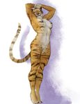  abstract_background anthro breasts claws featureless_crotch feline female hands_behind_head hattonslayden looking_at_viewer mammal nipples nude solo tiger tiptoes 