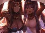  2girls animal_ears arm_up arm_wrap armlet armpits bandage bandaged_arm bandages bangs bare_shoulders black_hair blanket blue_armor blunt_bangs blush breastplate breasts chains circlet cleavage closed_mouth collarbone commentary_request dark_skin dolce_(dolsuke) earrings erect_nipples facepaint facial_mark fate/grand_order fate_(series) feathers forehead_jewel green_eyes hair_between_eyes hair_tubes hairband highres hoop_earrings jackal_ears jewelry large_breasts long_hair looking_at_viewer low-tied_long_hair multiple_girls necklace nitocris_(fate/grand_order) nitocris_(swimsuit_assassin)_(fate) one-piece_swimsuit open_mouth parted_bangs pauldrons purple_eyes purple_hair revision scheherazade_(fate/grand_order) sidelocks smile swimsuit very_long_hair white_swimsuit 