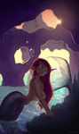  1girl areola areolae breasts cavern female fin fish_tail green_eyes hair hizzacked long_hair looking_at_viewer marine merfolk mermaid monster_girl nipples nude original parted_lips partially_submerged pointy_ears red_hair rock scales solo sunlight water 