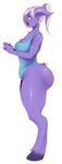  big_butt black_lips blue_eyes butt cleavage clothed clothing draenei female horn pointy_ears ponytail purple_skin solo sunnysundown video_games warcraft world_of_warcraft 