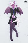  2015 absurd_res anthro bat_pony bat_wings blush clothing darkhazard equine fan_character fangs female fur hair hi_res humanoid_feet legwear looking_at_viewer lying mammal my_little_pony navel necktie on_back plantigrade purple_fur skirt solo white_hair wings 