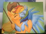  2015 applejack_(mlp) duo equine eyes_closed female female/female friendship_is_magic hair hat horse kissing mammal multicolored_hair my_little_pony pegasus pony rainbow_dash_(mlp) rainbow_hair sketchyjackie traditional_media_(artwork) wings 