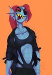  2015 abs anthro blue_skin clothed clothing eye_patch eyewear female fin fish gills hair head_fin lilaira marine monster muscular muscular_female ponytail red_hair sharp_teeth slit_pupils solo teeth tongue tongue_out undertale undyne video_games 