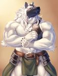  abs adios anthro armor big_muscles bulge canine chest_tuft claws clothed clothing colored fur loincloth looking_at_viewer male mammal muscular pecs shining_(series) shining_force simple_background solo the_farewelled tuft unconvincing_armor video_games wolf yellow_eyes zylo 