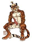  animal_genitalia anthro balls barbs beard erection facial_hair feline feline_penis hands_on_thighs i-psilone looking_at_viewer male mammal nipples penis sitting solo stripes tiger topknot yin_(character) 