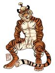  anthro balls beard facial_hair feline hands_on_thighs i-psilone looking_at_viewer male mammal nipples sheath sitting solo stripes tiger topknot yin_(character) 