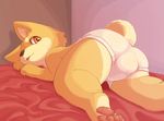  bed briefs brown_nose bulge canine clothed clothing cub dog looking_at_viewer male mammal moketiw pawpads shiba_inu solo underwear yellow_eyes young もけち 