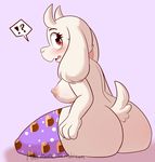  2015 ?! anthro areola big_butt blush breasts butt caprine clothed clothing female fur goat half-dressed horn legwear looking_back mammal nipples prettypurple side_boob sitting solo speech_bubble stockings thick_thighs topless toriel undertale video_games white_fur 