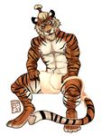  anthro beard facial_hair feline hands_on_thighs i-psilone looking_at_viewer male mammal nipples sitting solo stripes tiger topknot towel yin_(character) 