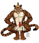  animal_genitalia anthro balls barbs crouching erection feline feline_penis hands_on_thighs i-psilone looking_at_viewer male mammal nipples penis solo stripes tiger topknot yin_(character) 