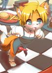  apron balls bigger_version_at_the_source blue_eyes blush canine clothed clothing cub erection food fox fuzzwolfy half-dressed knot male mammal open_mouth public solo sweat young 