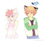  2015 ? anthro awkward blonde_hair blush brown_hair cat clothed clothing confusion crossdressing crossed_arms dress duo feline frilly girly green_eyes hair hair_bow hoodie looking_away male mammal mio_(powfooo) multicolored_hair pants powfooo shirt shy simple_background stare tay tiger two_tone_hair vest white_background ♂ 