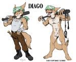 2015 anthro arm_wraps balls barefoot baseball_bat bitterjackal boots canine clothing collar digital_media_(artwork) dingo english_text flaccid flat_colors footwear grin khakis leash looking_at_viewer mammal multiple_images multiple_poses naughty_face nude open_mouth partially_retracted_foreskin pecs penis pose scar sharp_teeth signature teeth text uncut 