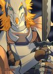  2015 anthro armor blonde_hair blue_eyes clothed clothing english_text fur hair looking_at_viewer male melee_weapon sergal slit_pupils solo sword text trancy_mick weapon white_fur yellow_fur 