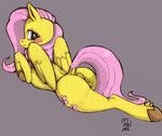  2015 anus blush butt cutie_mark doe-shmo equine female feral fluttershy_(mlp) friendship_is_magic fur hair horse looking_back lying mammal my_little_pony on_front pegasus pink_hair pussy simple_background solo wings yellow_fur 