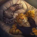  anthro bed cat clothed clothing duo ear_piercing eyes_closed faust_tigre feline feral fur hands_behind_head koul lying male mammal nude on_back on_bed piercing pillow smile striped_fur stripes tiger whiskers 