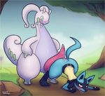  ambiguous_gender anthro ass_up blush butt canine cum cum_on_back cum_on_butt duo erection goodra huge_penis interspecies kekitopu lucario male mammal nintendo penis pok&eacute;mon tapering_penis tongue tongue_out video_games 