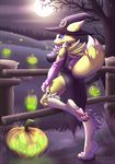  2015 anthro breasts butt canine clothed clothing digimon female fence fox fur halloween hat holidays magic_user mammal moon nipples pumpkin renamon sallyhot smile solo witch witch_hat yellow_fur 