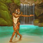  5_fingers 5_toes anthro feline male mammal nude outside pose solo tiger toes treefyleaves unfinished water waterfall 