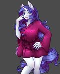  2015 anthro anthrofied blue_eyes casara clothing equine female friendship_is_magic grey_background hair horn legwear long_hair looking_at_viewer mammal my_little_pony purple_hair rarity_(mlp) simple_background solo unicorn 