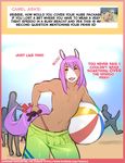  2015 anthro ask_blog beach beach_ball brown_fur clothed clothing dialogue english_text equine fur girly group hair long_hair male mammal public purple_hair reggie_(tokifuji) seaside shorts silhouette skimpy solo_focus speedo swimsuit teasing text tokifuji tongue tongue_out tumblr unknown_species white_fur wide_hips 