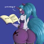  2015 anthro arcane_shade blue_background book bottomless butt clothed clothing cutie_mark english_text equine eyewear fan_character female freckles glasses gloves grin hair half-dressed hi_res horn looking_at_viewer mammal my_little_pony simple_background solo suirano text unicorn 