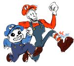  2015 bone brothers clothing cosplay duo looking_at_viewer male mario_bros nintendo overalls papyrus_(undertale) parody sans_(undertale) sibling skeleton smile undertale unknown_artist video_games 