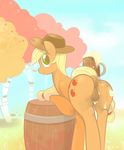  2015 alcohol animal_genitalia anus applejack_(mlp) barrel beverage blonde_hair braddo butt cup cutie_mark dock earth_pony equine equine_pussy female feral food friendship_is_magic hair hat hi_res horse long_hair looking_at_viewer mammal my_little_pony outside pony pussy smile solo tree 