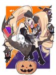  bandages bare_shoulders bat black_footwear blonde_hair blue_eyes boots bow dress drill_hair earrings eyepatch hair_bow halloween harime_nui heart jack-o'-lantern jewelry kill_la_kill lantern long_hair sitting skull smile solo strapless strapless_dress tamase twin_drills twintails 