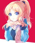  41y_(yooichiwai) ayase_eli bad_id bad_pixiv_id bangs blonde_hair blue_eyes bow chin_rest coat hair_bow highres long_sleeves looking_at_viewer love_live! love_live!_school_idol_project parted_lips pink_background ponytail scarf smile solo striped striped_bow upper_body 