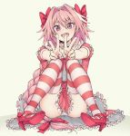  ass astolfo_(fate) bangs blush bow braid choker double_v dress fang fate/apocrypha fate_(series) frills hair_between_eyes hair_intakes hand_gesture high_heels highres knees_up legs long_braid long_hair looking_at_viewer male_focus multicolored_hair open_mouth otoko_no_ko panties pas_(paxiti) pink_dress pink_footwear pink_hair pink_legwear purple_eyes red_bow simple_background single_braid sitting smile solo streaked_hair striped striped_legwear thighs trap underwear v white_background white_panties 