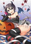  akebono_(kantai_collection) alternate_costume bad_id bad_pixiv_id bare_shoulders black_gloves candy choker demon demon_girl demon_tail demon_wings elbow_gloves elbow_rest fang flower food gloves hair_flower hair_ornament halloween horns kankitsunabe_(citrus) kantai_collection looking_at_viewer lying mismatched_legwear on_side pumpkin purple_eyes purple_hair side_ponytail single_strap solo tail wings 