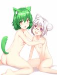  ahoge ass brown_eyes double_bun flat_chest glasses green_hair hair_bun hews_hack looking_at_viewer multiple_girls nipples nude original red_eyes silver_hair tail 