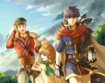  2boys :d arms_behind_back bandana bent_over black_gloves blue_eyes blue_hair blue_sky boyd_(fire_emblem) brown_hair cape cloud fingerless_gloves fire_emblem fire_emblem:_souen_no_kiseki gloves green_eyes green_hair green_neckwear green_pants hand_on_hilt holding holding_towel ike jandara_rin looking_back miniskirt mist_(fire_emblem) multiple_boys open_mouth outdoors pants pleated_skirt red_cape red_shirt sheath sheathed shirt short_hair short_sleeves shoulder_armor signature skirt sky smile spaulders sword towel weapon white_pants white_shirt white_skirt 