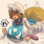  bed_sheet blonde_hair blush breasts chanta_(ayatakaoisii) dress eyebrows eyebrows_visible_through_hair fox_tail hat huge_breasts lavender_background long_sleeves lying multiple_tails on_stomach pillow_hat sheet_grab short_hair simple_background solo sweat tabard tail tearing_up teeth tongue touhou translated white_dress wide_sleeves yakumo_ran 