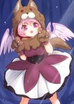  animal_costume bird_wings commentary_request dress gloves halloween halloween_costume kotarou_(yukina1721) layered_dress looking_at_viewer mystia_lorelei open_mouth paw_gloves paws pink_dress pink_eyes pink_hair short_hair touhou white_dress wings wolf_costume 