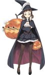  adapted_object black_legwear breasts brown_eyes brown_hair cape cleavage full_body glasses halloween hat jack-o'-lantern jiji kantai_collection looking_at_viewer medium_breasts official_art pantyhose pumpkin roma_(kantai_collection) solo strappy_heels transparent_background turret witch witch_hat 