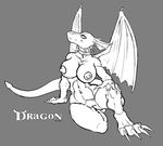  2012 anthro anthrofied areola big_breasts breasts claws collar dragon dragon_(shrek) english_text featureless_crotch female fin longblueclaw looking_at_viewer monochrome navel nipples nude pose raised_leg scales scalie shrek_(series) sitting smile text toe_claws wings 