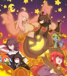  bags_under_eyes bandages banette biriri-ane_(space_jin) black_hair black_sclera blue_eyes crossover deoxys gen_1_pokemon gen_3_pokemon gen_4_pokemon gen_6_pokemon gengar ghost gourgeist hair_ornament halloween hat highres jack-o'-lantern jack-o'-lantern_hair_ornament long_hair lunatone multiple_girls orange_hair original personification pink_hair pokemon pumpkaboo pumpkin purple_hair red_hair ribbed_sweater rotom space_jin sweater witch_hat yellow_eyes 