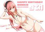  bikini blush breasts cleavage commentary_request happy_birthday headphones highres large_breasts long_hair looking_at_viewer nitroplus origin_(fefnir_nightload) pink_hair red_eyes smile solo super_sonico swimsuit thighhighs 