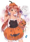  :d bare_shoulders basket blush brown_eyes brown_hair camisole candy claw_pose eroriru fang food hair_ribbon halloween kantai_collection libeccio_(kantai_collection) open_mouth pumpkin_hat pumpkin_skirt ribbon smile solo twintails 
