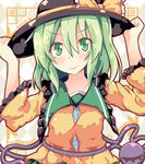  argyle argyle_background bow collarbone green_eyes green_hair hands_on_headwear hat hat_bow kan_lee komeiji_koishi long_sleeves looking_at_viewer shirt smile solo third_eye touhou upper_body 