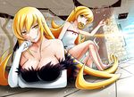  bakemonogatari bare_shoulders blonde_hair breasts chin_rest cleavage collarbone crossed_legs doughnut dress dual_persona elbow_gloves food gloves kiss-shot_acerola-orion_heart-under-blade large_breasts long_hair long_legs looking_at_viewer lying md5_mismatch monogatari_(series) mouth_hold multiple_girls on_stomach oshino_shinobu sandals sitting yellow_eyes yuki_mizore 